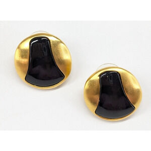 Vintage Essex Brushed Gold Tone & Black Enamel Button Pierced Earrings 7/8"